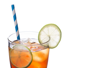 glass of ice tea with lemon on white background