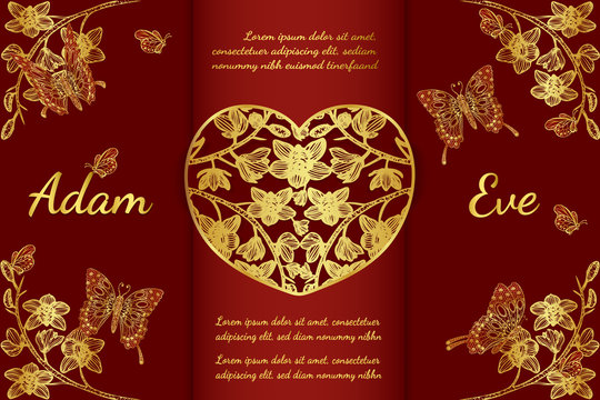 Butterfly and cymbidium orchids card by hand drawing.Butterfly and gold flower wedding card on red background.