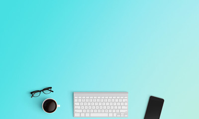 Minimal workplace with keyboard, eyeglasses, smartphone and coffee cup copy space on color background. Top view. Flat lay style.