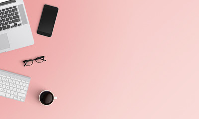 Modern workplace with notebook, smartphone, keyboard, eyeglasses and coffee cup copy space on color background. Top view. Flat lay style.
