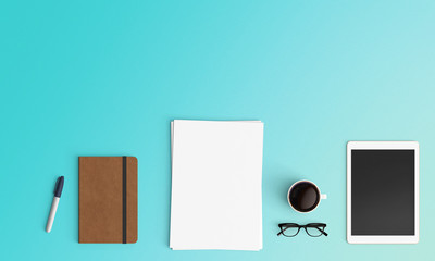 Modern workplace with notebook, pen, blank papers, tablet, eyeglasses and coffee cup copy space on color background. Top view. Flat lay style.