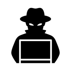 Black hat hacker with laptop computer flat vector icon for apps and websites