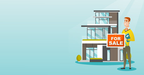 Young caucasian broker offering the house.