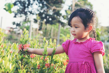 Cute asian child playing in the garden in the summer, little girl in a colorful summer dress, having fun in a beautiful garden,Child having fun outdoors picking fresh flowers