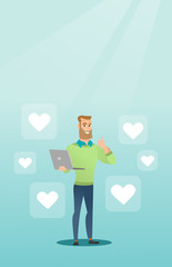 Man with laptop and heart icons.