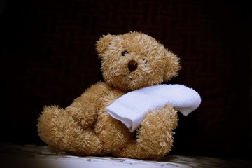 Bear is sick. He got white towel.