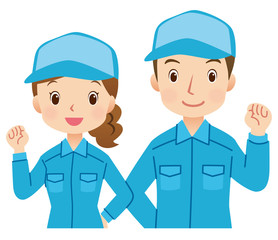 作業員　男女　ガッツポーズ