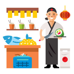 Vector Sushi Chef. Flat style colorful Cartoon illustration.