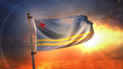 Aruba Flag Backlit At Beautiful Sunrise Loop Slow Motion 4K