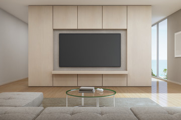 Sea view Living room with television in modern luxury beach house, Vacation home for big family - Interior 3d rendering