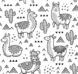 Foto auf Alu-Dibond Contour seamless pattern with alpaca and cactuses. Coloring book page © penguin_house