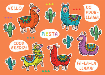 Decorative Llama Alpaca set. Colorful vector childish patches © penguin_house