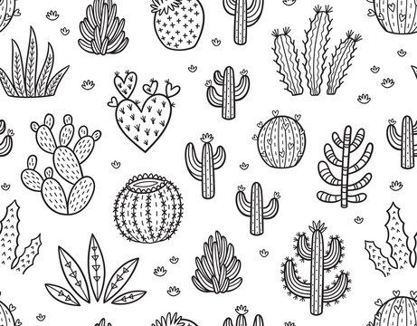Ink seamless pattern with cactuses