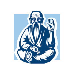 Yogi - Guru Sitting In Lotus Pose. Vector Graphic Illustration. Yoga Characters in the Style of Engraving.