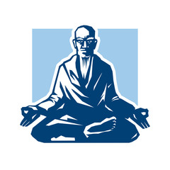 Yogi - Guru Sitting In Lotus Pose. Yoga Characters in the Style of Engraving. Vector Graphic Illustration.