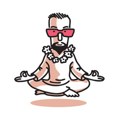 Yogi - Guru with Pink Glasses Sitting In Lotus Pose. Characters of Business Yoga. Vector Graphic Illustration. - obrazy, fototapety, plakaty