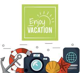 color poster of enjoy vacation with anchor and flotation hoop and camera and passport vector illustration