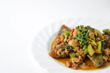 stir fired minced pork with basil top on fired preserved egg.
