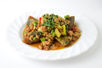 stir fired minced pork with basil top on fired preserved egg.