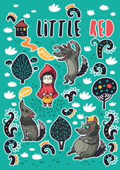 Collection of vector stickers with little girl and hungry wolf