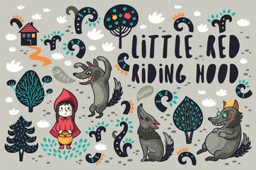 Cute little girl and gray hungry wolves in the forest vector set