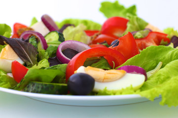 salad from fresh vegetables in a plate on a table, selective focus