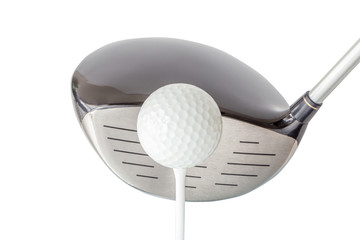 The new golf ball on tee with shiny black driver club on white background, golf concept.