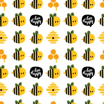 Seamless pattern with cartoon bees and beehive for design