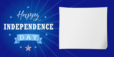 Happy Independence Day USA banner template. United States national holiday Fourth of July greetings, celebrating congratulating invitation with star in flag colors, clean piece of paper. Vector image.
