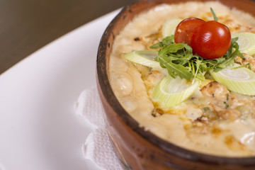 Casserole with roasted eggplants stuffed with minced meat. Delicious tradicional meal served at the restaurant. Roasted eggplants stuffed with minced meat and baked with tomatoes and cheese.