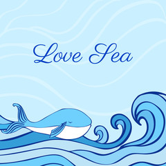 Blue Whale cartoon illustration isolated on decorative wave background, vector graphic colorful doodle animal, Character design for greeting card, children invite, baby shower, creation of alphabet