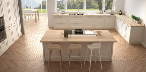 Modern scandinavia kitchen with big windows, panorama classic white interior design
