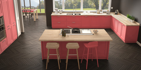 Modern scandinavia kitchen with big windows, panorama classic gray and red interior design