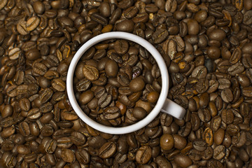 Coffee beans texture. Warm cup of coffee background.