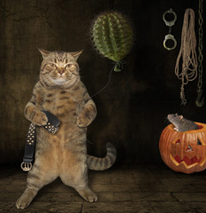 The scary cat is holding a cactus balloon and a belt. The rat hides inside a pumpkin.