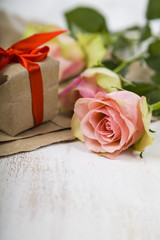 Pink roses,  gift and hearts