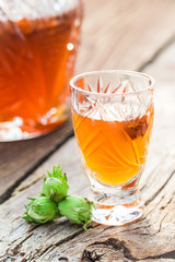 Homemade liqueur made of alcohol and hazelnuts