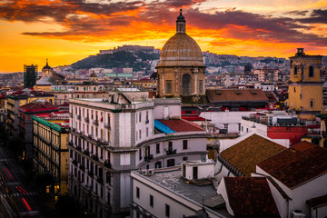 Stunning view of Naples in Italy on a sunset