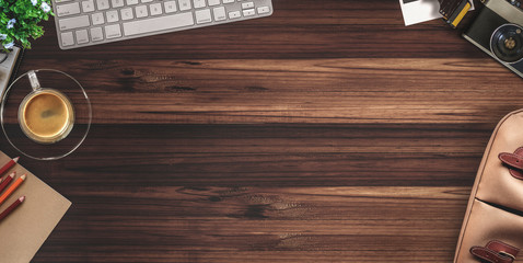 Rustic wood designer desk table with photographer stuff. Top view with copy space, flat lay or hero...