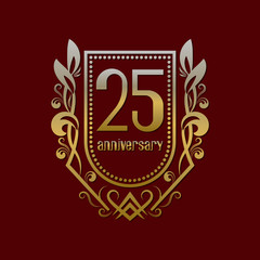 Twenty fifth anniversary vintage logo symbol. Golden emblem with numbers on shield in wreath.