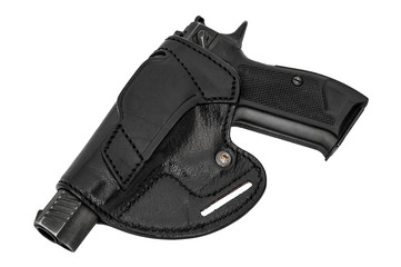 Molded leather holster with handgun. Isolated