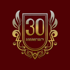 Thirtieth anniversary vintage logo symbol. Golden emblem with numbers on shield in wreath.