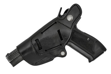 Molded leather holster with handgun. Isolated