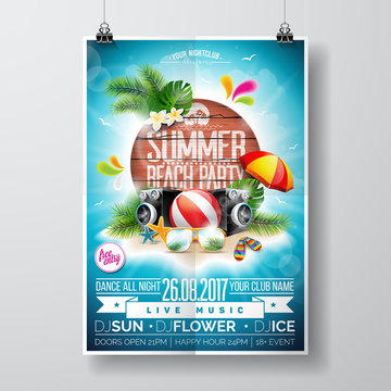 Summer Beach Party Flyer Design with typographic elements on wood texture background. Summer nature floral elements and sunglasses.