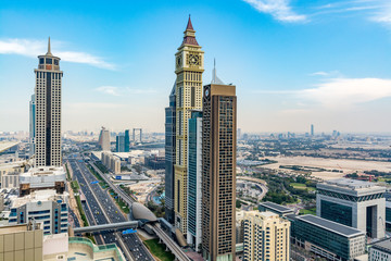 Cityscape of Dubai along Sheikh Zayed Road - Dubai International Financial Centre, view from a skyscraper