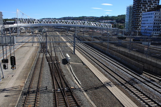 View on Bjorvik place in Oslo with some modern buildings and train lines