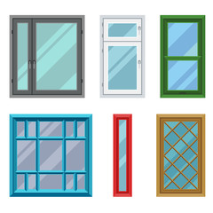 Different types house windows elements flat style frames construction decoration apartment vector illustration.