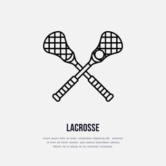 Lacrosse vector line icon. Ball and sticks logo, equipment sign. Sport competition illustration.