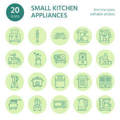 Kitchen small appliances line icons. Household cooking tools signs. Food preparation equipment - blender, coffee machine, microwave, toaster, meat grinder. Thin linear signs for electronics store.