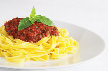 tagliatelle pasta with tomato sauce decorated with basil leafs